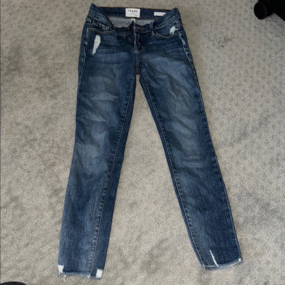 Frame Denim Women's Distressed Dark Blue Skinny Jeans